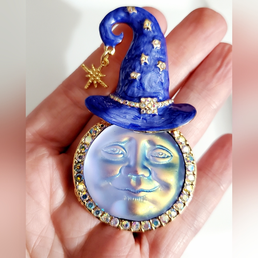 Moon Witch brooch pin enamel vintage style New 18k GP Swarovski crystals AB